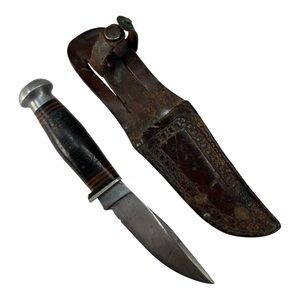 Vintage Jean Case Cut Co 4.5" Fixed Blade Knife Stacked Leather Handle & Sheath